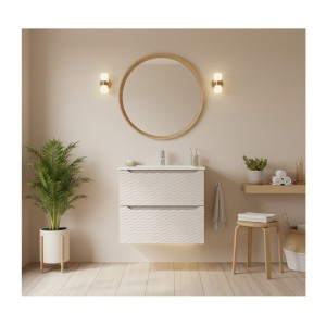 Meuble sous vasque 60cm beige et chêne clair YOKA mis en situation
