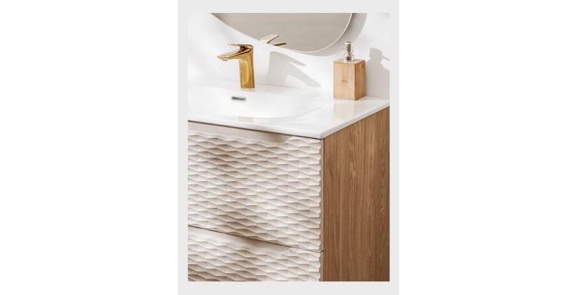 Meuble sous vasque 60cm beige et chêne clair YOKA vu de côté en situation