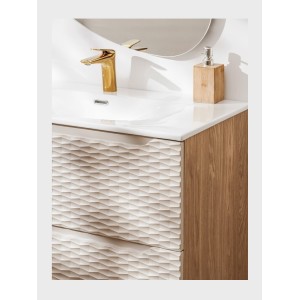 Meuble sous vasque 60cm beige et chêne clair YOKA vu de côté en situation