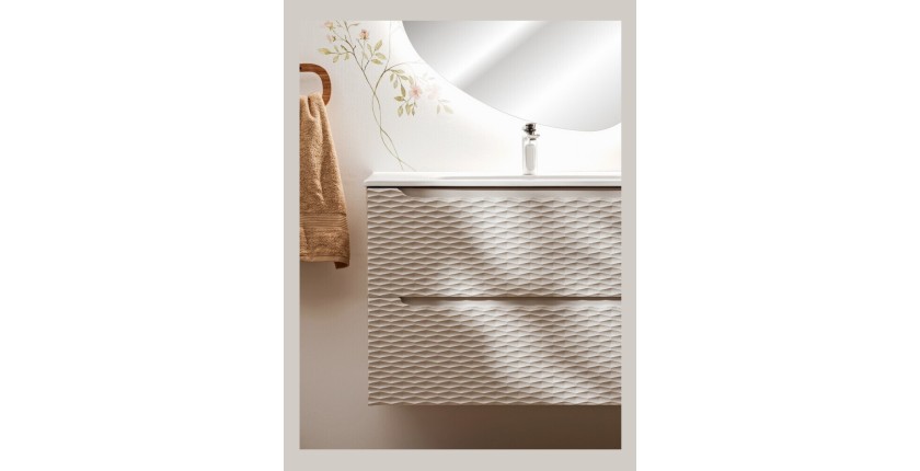 Meuble sous vasque 60cm beige et chêne clair YOKA vu de face en situation