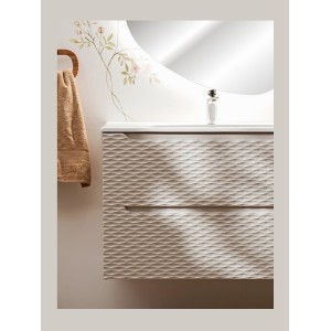 Meuble sous vasque 70cm beige et chêne clair YOKA vu de face en situation