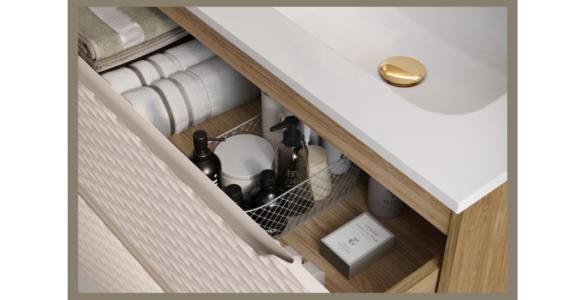 Zoom sur le tiroir ouvert du meuble sous vasque 80cm beige et chêne clair YOKA