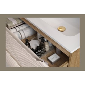 Zoom sur le tiroir ouvert du meuble sous vasque 80cm beige et chêne clair YOKA