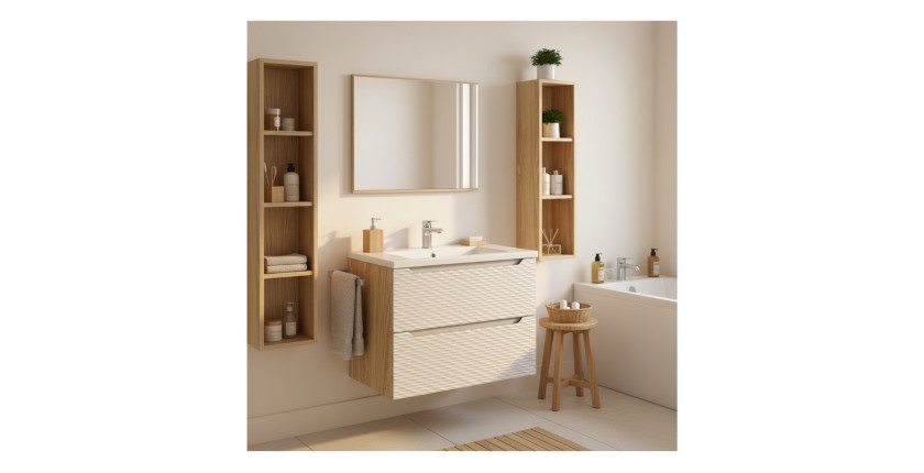 Meuble sous vasque 80cm beige et chêne clair YOKA mis en situation