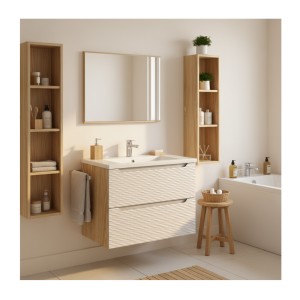 Meuble sous vasque 80cm beige et chêne clair YOKA mis en situation