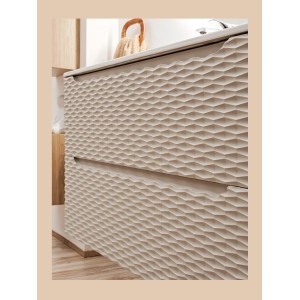 Zoom sur la façade du meuble sous vasque 90cm beige et chêne clair YOKA