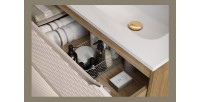 Zoom sur le tiroir ouvert du meuble sous vasque 90cm beige et chêne clair YOKA