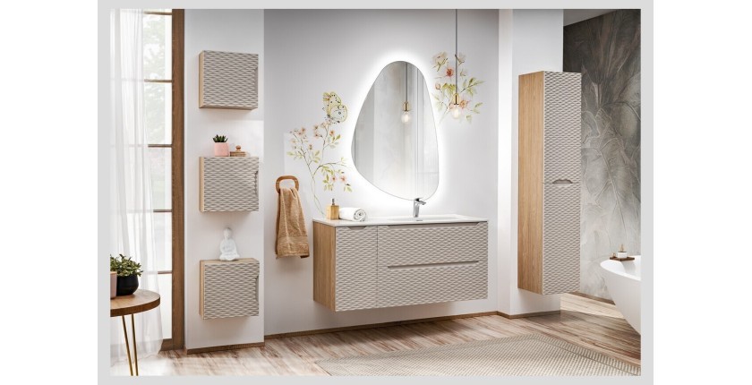 Meuble de rangement cubique beige et chêne clair YOKA vu avec d'autres meubles de la collection