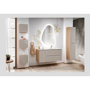 Meuble de rangement cubique beige et chêne clair YOKA vu avec d'autres meubles de la collection