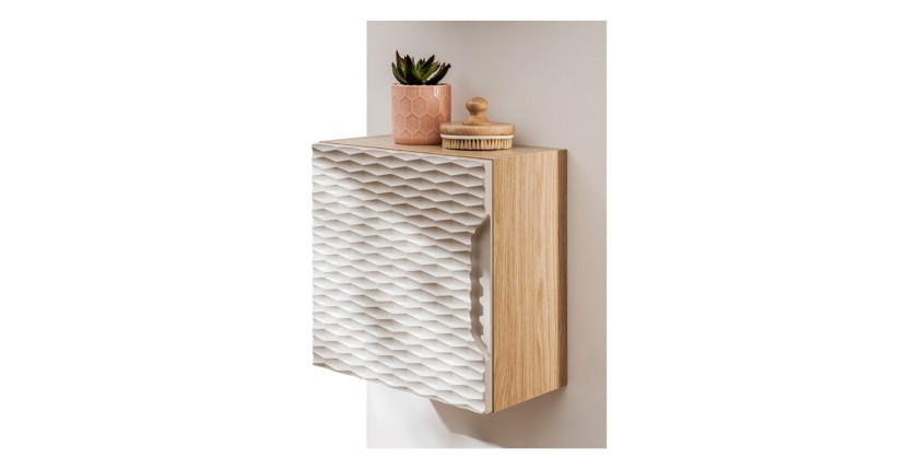 Meuble de rangement cubique beige et chêne clair YOKA mis en situation