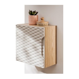 Meuble de rangement cubique beige et chêne clair YOKA mis en situation