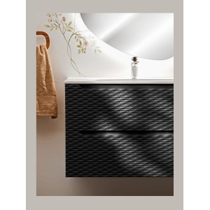 Meuble sous vasque noir 120cm avec tiroirs YOKA vu de face en situation