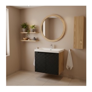 Meuble sous vasque YOKA – 1 porte – Chêne clair et noir – L60 × P46 × H57 cm – À suspendre