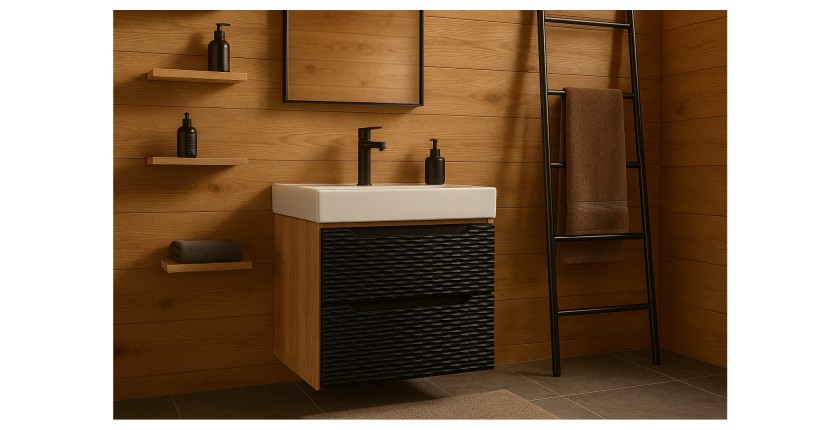 Meuble sous vasque 60cm avec tiroirs noir YOKA mis en situation