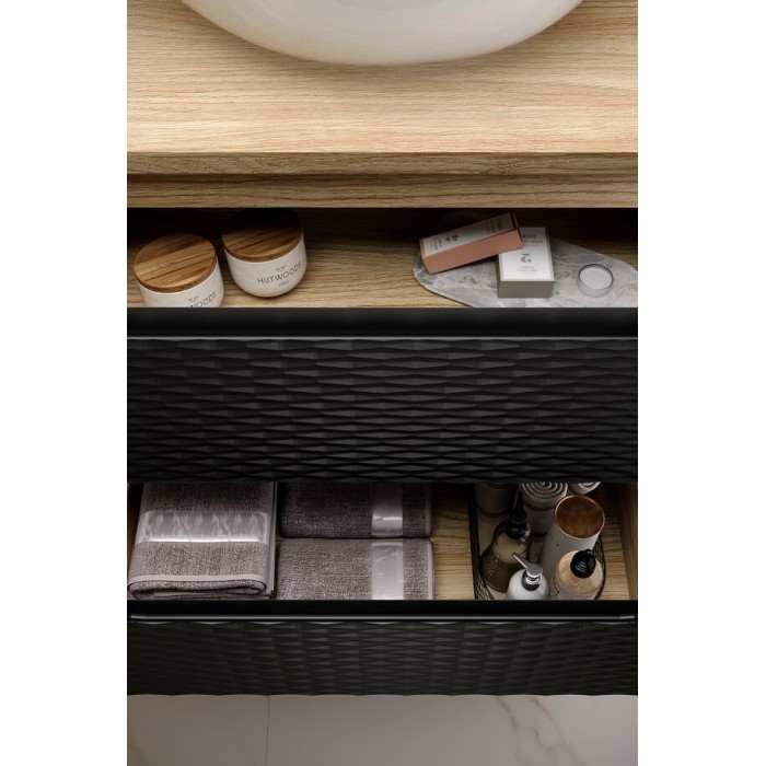 Zoom sur les tiroirs ouverts du meuble sous vasque 70cm YOKA