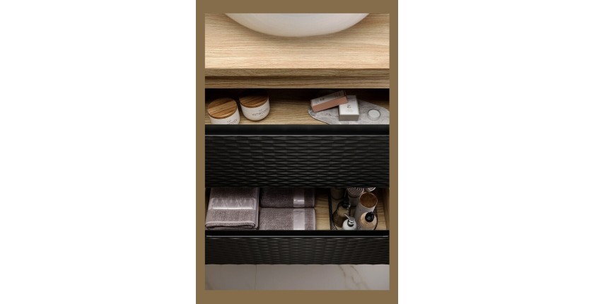 Zoom sur les tiroirs ouverts du meuble sous vasque 70cm YOKA