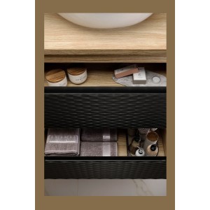 Zoom sur les tiroirs ouverts du meuble sous vasque 70cm YOKA