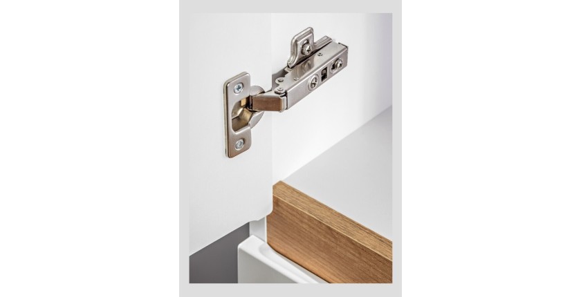 Zoom sur le système d'ouverture de la colonne de rangement ASKA blanche et bois