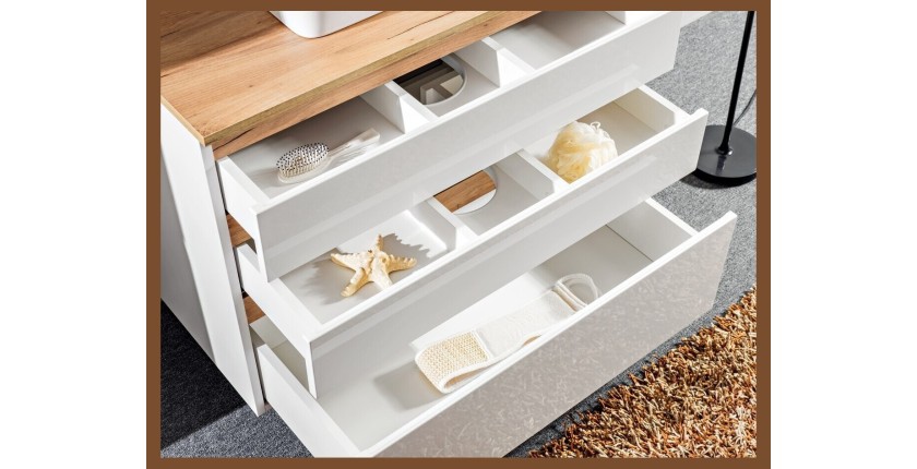 Meuble sous vasque ASKA blanc et bois ouvert et mis en situation