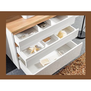 Meuble sous vasque ASKA blanc et bois ouvert et mis en situation