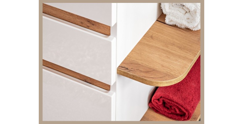 Zoom sur les étagères du meuble sous vasque ASKA blanc et bois