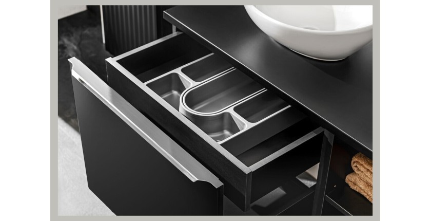 Zoom sur le tiroir caché du meuble sous vasque 60cm noir VANTA
