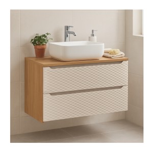 Ensemble meuble sous vasque et plan vasque 120cm YOKA beige mis en situation