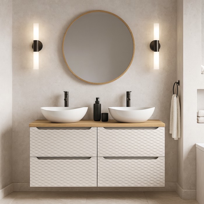 Ensemble meubles sous vasque, plan vasque et vasques à poser 120cm beige YOKA mis en situation