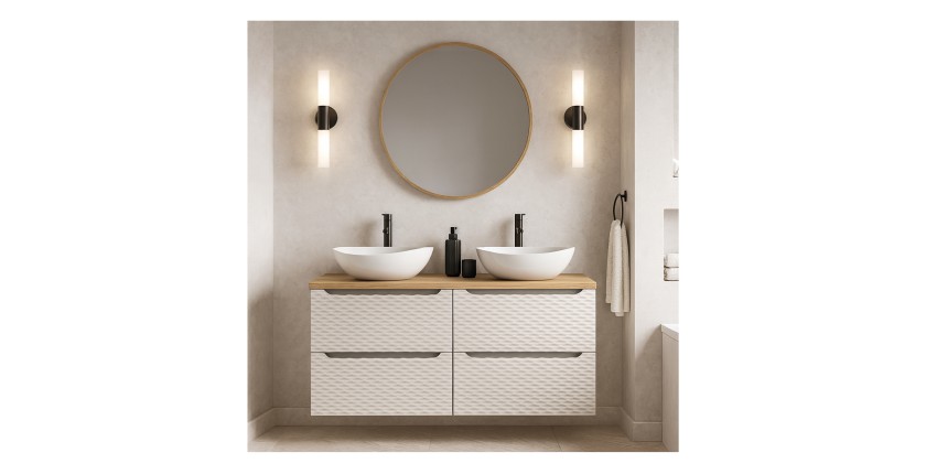 Ensemble meubles sous vasque, plan vasque et vasques à poser 120cm beige YOKA mis en situation