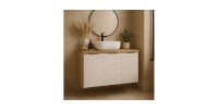 Ensemble meubles sous vasque, plan vasque et vasque à poser 90cm beige YOKA mis en situation