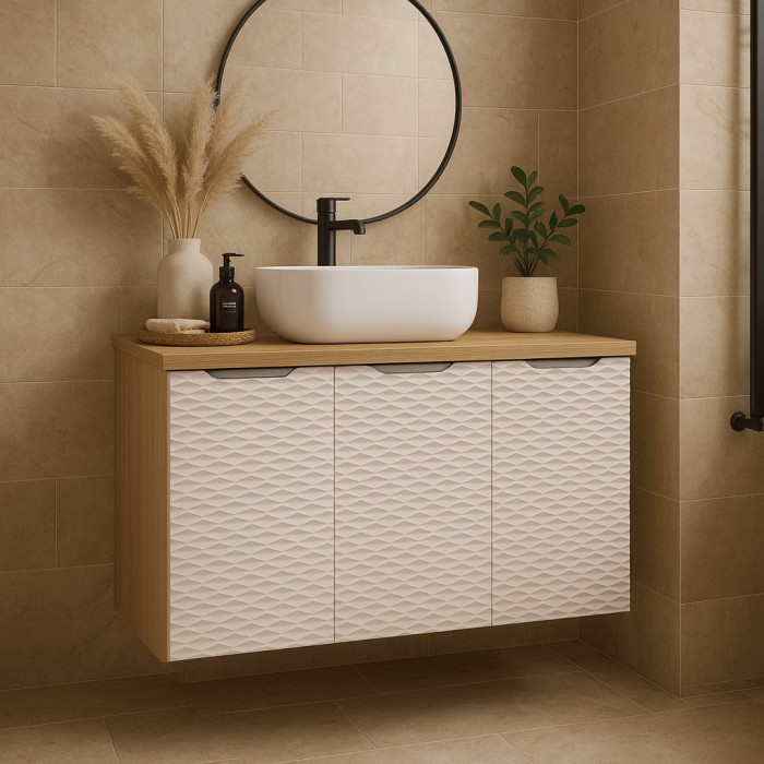 Ensemble meubles sous vasque, plan vasque et vasque à poser 90cm beige YOKA mis en situation