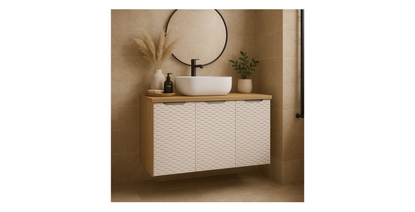 Ensemble meubles sous vasque, plan vasque et vasque à poser 90cm beige YOKA mis en situation