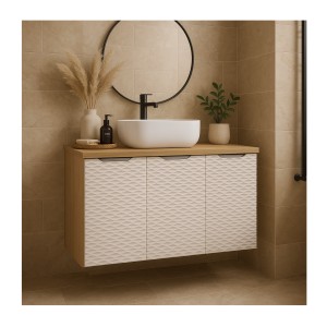 Ensemble meubles sous vasque, plan vasque et vasque à poser 90cm beige YOKA mis en situation