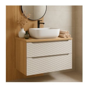 Ensemble meuble sous vasque et plan vasque 80cm beige YOKA mis en situation