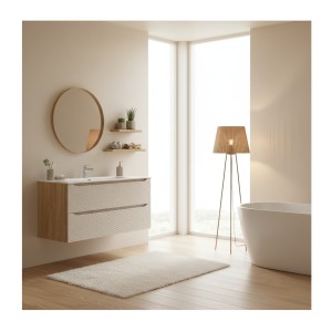 Ensemble meuble sous vasque et vasque encastrée 120cm beige YOKA mis en situation