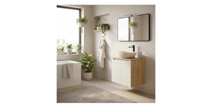 Ensemble meuble sous vasque à placards et plan vasque 60cm beige YOKA mis en situation