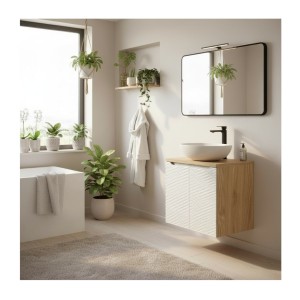 Ensemble meuble sous vasque à placards et plan vasque 60cm beige YOKA mis en situation