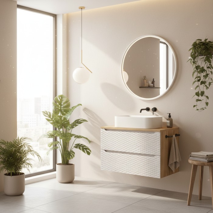 Ensemble meuble sous vasque, plan vasque et vasque à poser 90cm beige YOKA mis en situation