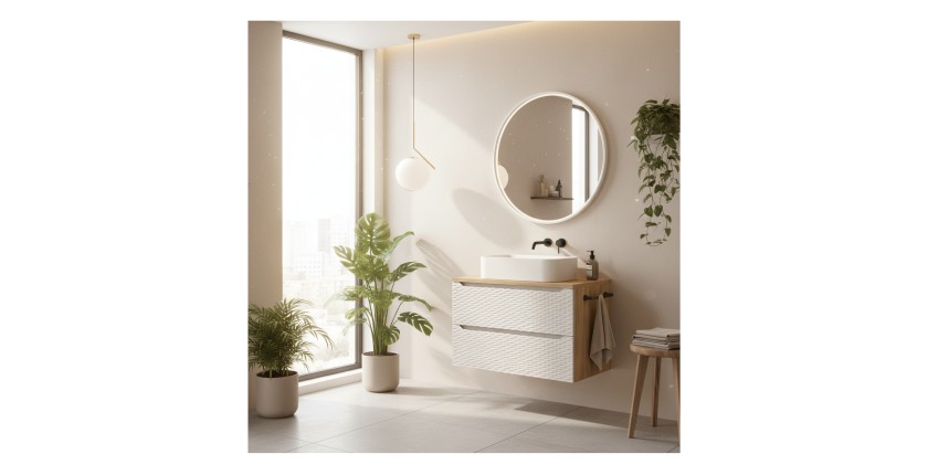 Ensemble meuble sous vasque, plan vasque et vasque à poser 90cm beige YOKA mis en situation