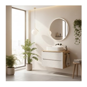 Ensemble meuble sous vasque, plan vasque et vasque à poser 90cm beige YOKA mis en situation