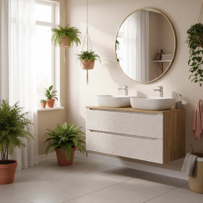 Ensemble meuble sous vasque, plan vasque et deux vasques à poser 120cm beige YOKA mis en situation