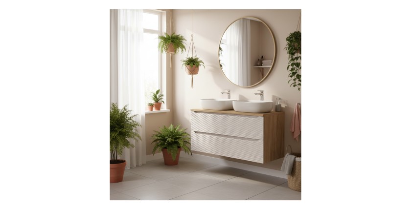 Ensemble meuble sous vasque, plan vasque et deux vasques à poser 120cm beige YOKA mis en situation