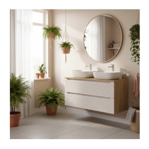 Ensemble meuble sous vasque, plan vasque et deux vasques à poser 120cm beige YOKA mis en situation