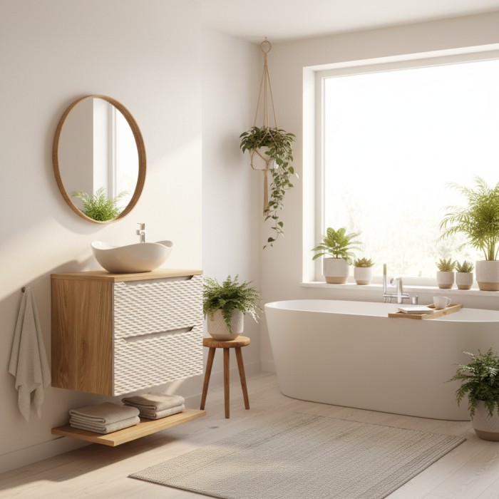 Ensemble meuble sous vasque, plan vasque et vasque à poser 70cm beige YOKA mis en situation