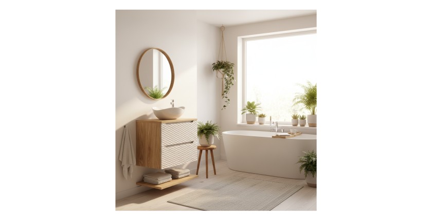 Ensemble meuble sous vasque, plan vasque et vasque à poser 70cm beige YOKA mis en situation