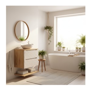 Ensemble meuble sous vasque, plan vasque et vasque à poser 70cm beige YOKA mis en situation