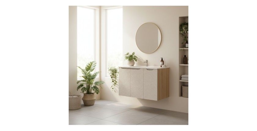 Ensemble meuble sous vasque à placards et vasque encastrée beige YOKA mis en situation