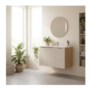 Ensemble meuble sous vasque à placards et vasque encastrée beige YOKA mis en situation