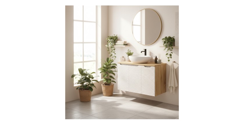 Ensemble meuble sous vasque à placards et plan vasque 90cm beige YOKA mis en situation