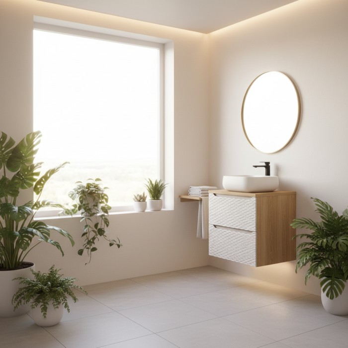 Ensemble meuble sous vasque, plan vasque et vasque à poser beige YOKA 60cm mis en situation